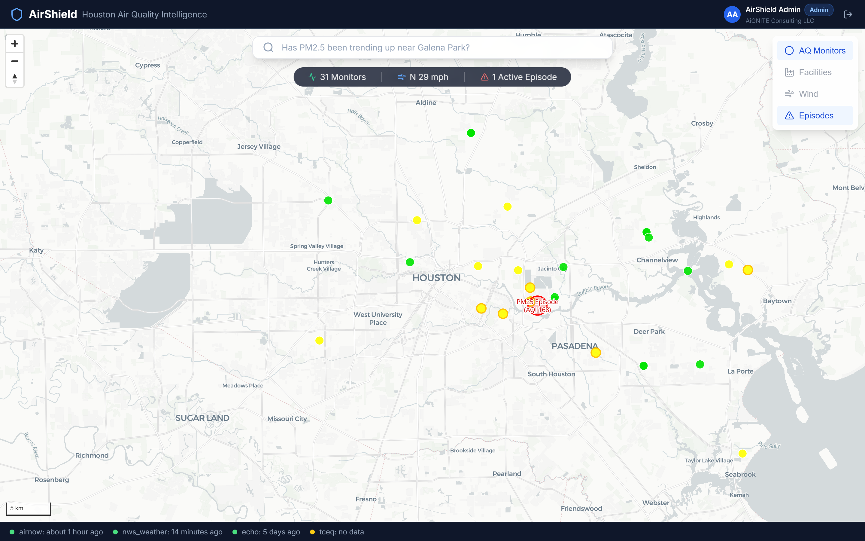 AirShield D3 wind rose visualization showing directional AQ fingerprint with highlighted elevated sectors and upwind ECHO facilities