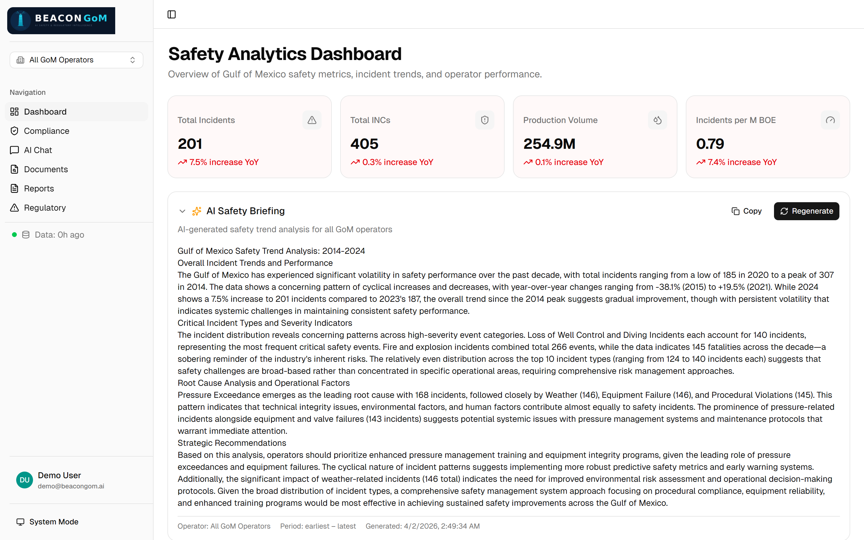 Beacon GoM AI-generated safety briefing with executive summary and trend analysis