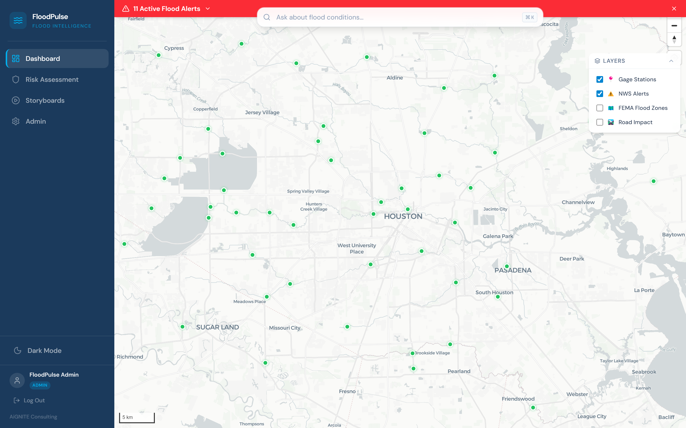 FloodPulse real-time flood map showing 63+ gage stations color-coded by status across Houston metro