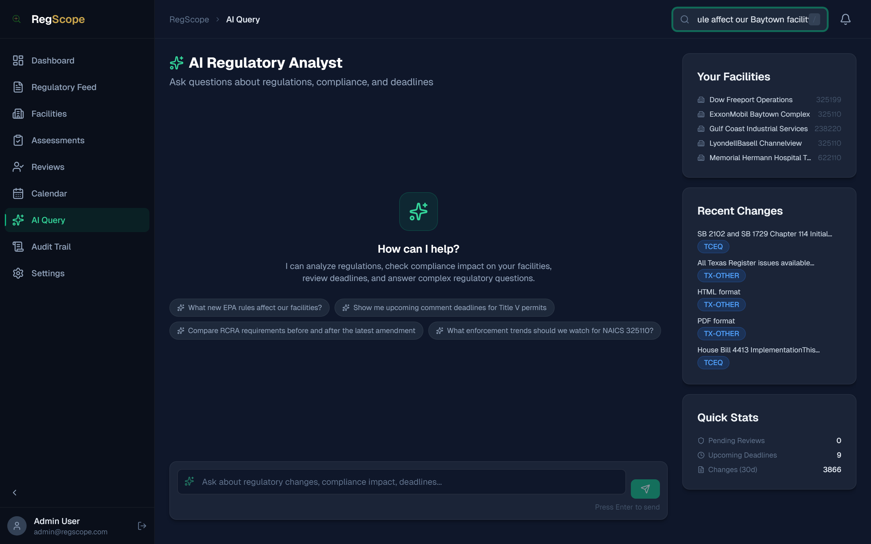 RegScope AI query showing natural language search with cited AI response