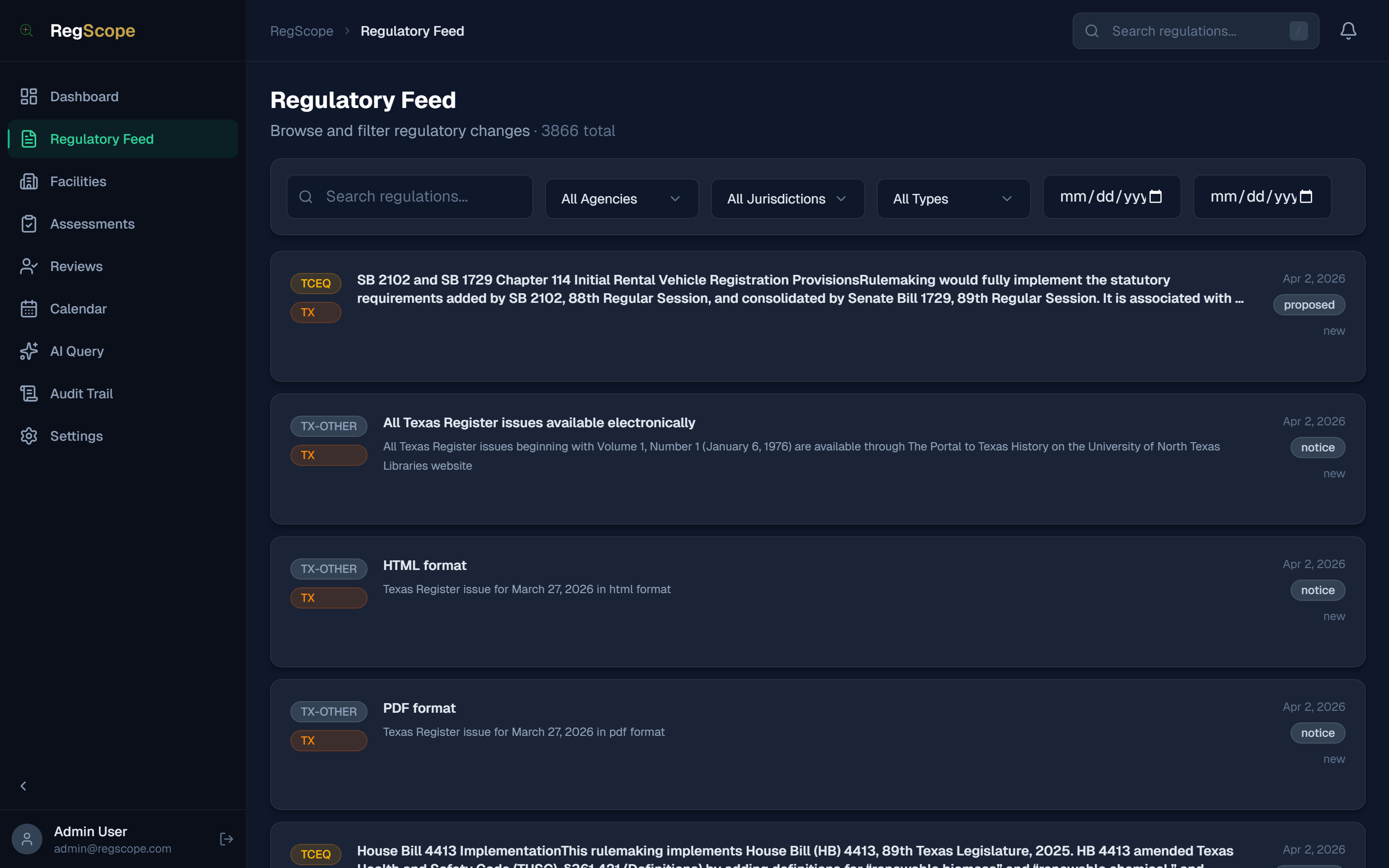RegScope regulatory feed showing change cards with agency badges, CFR references, and dates