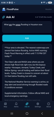 FloodPulse mobile app Ask AI screen, showing a plain-English question about which Houston areas are flooding and a cited answer that references nearby bayous and the active NWS warning, with a monthly query allowance and a decision-support-only note.