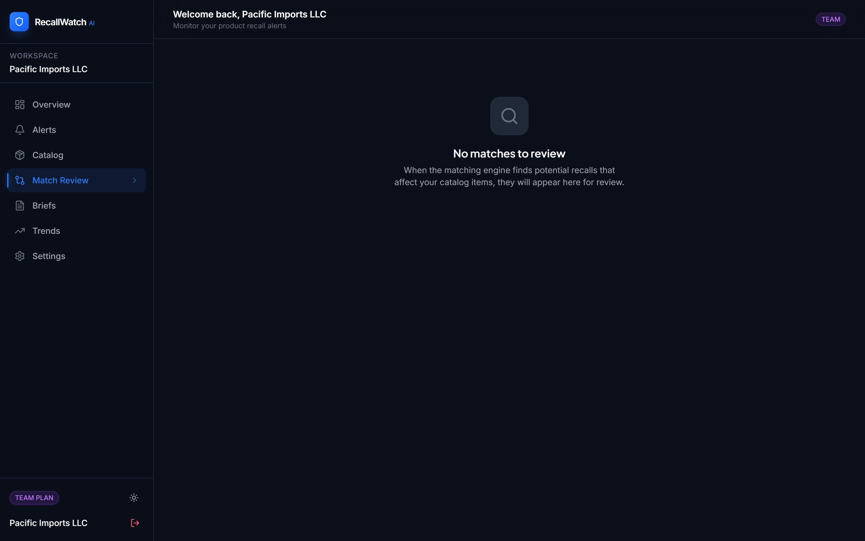 RecallWatch match review showing side-by-side recall and catalog comparison with 4-signal breakdown