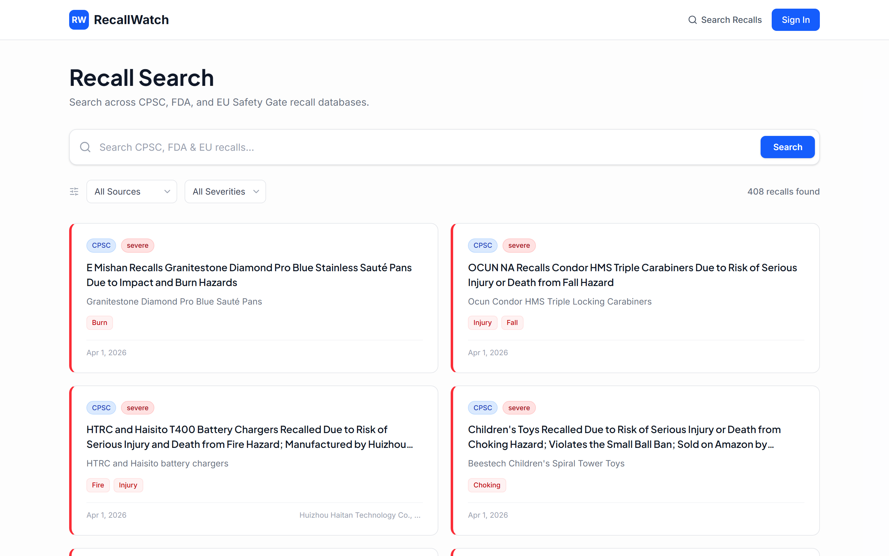 RecallWatch free recall search showing results with CPSC, FDA, and EU source badges